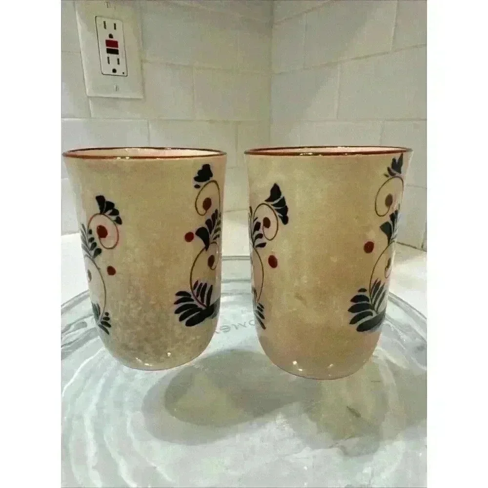 2 Vintage Nasco Quimper-Style Hand Painted Dancing Lady Ceramic Juice Cups - Picture 5 of 14